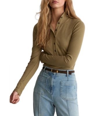 Women's Ida Funnel-Neck Long-Sleeve Half-Button Cotton-Stretch Top
