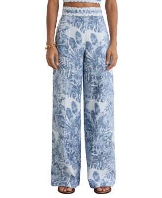 Women's Mila High-Waisted Wide-Leg Tropical-Print Linen Pants