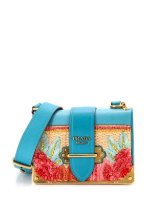 Small Cahier Crossbody Bag Embroidered Straw with Leather