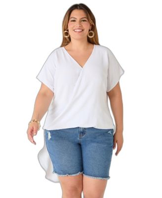 Plus Size Faux-Wrap Hi-Low Short-Sleeve Top