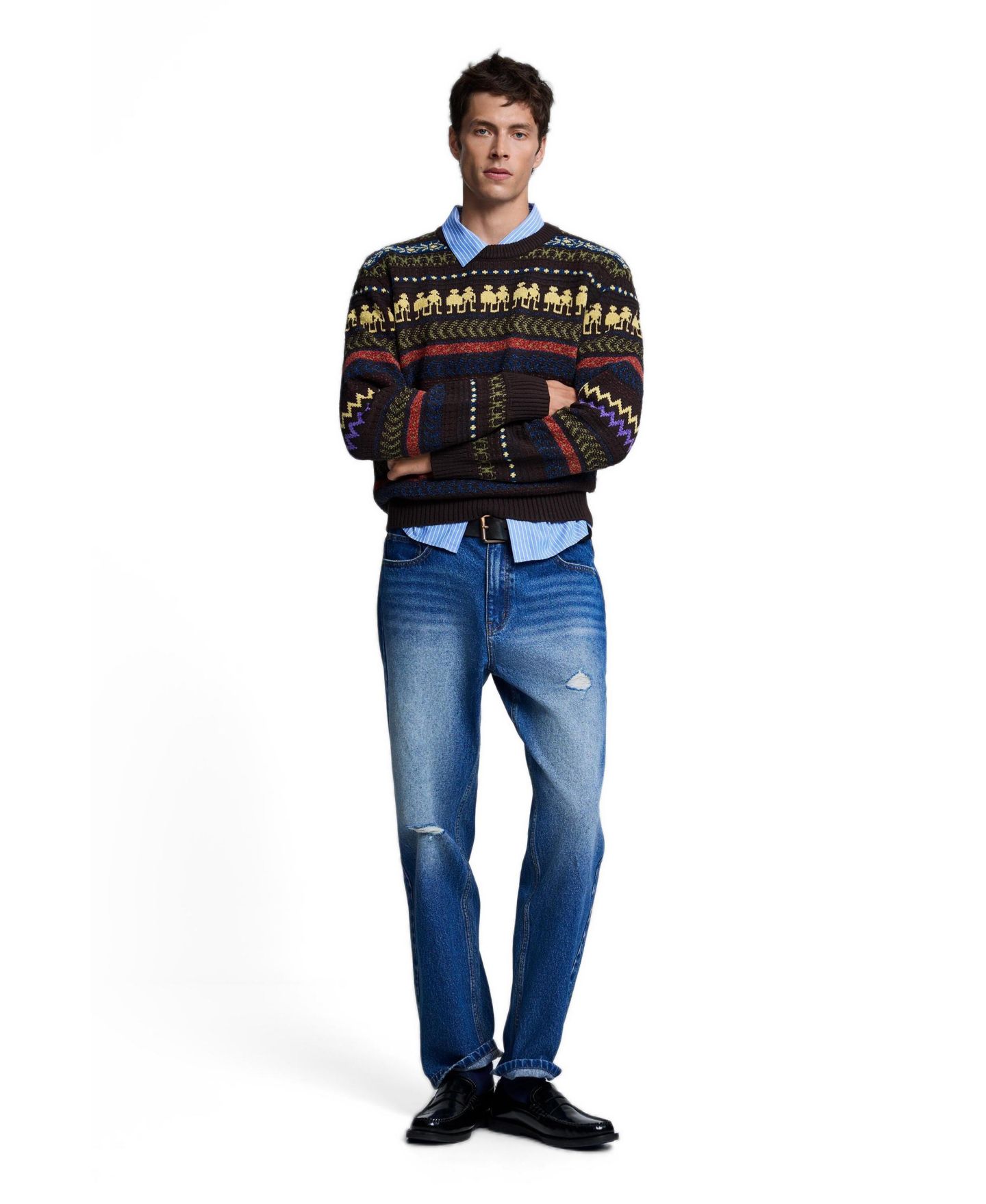 Мужской свитер Desigual Crewneck Long-Sleeve Sweater, цвет: Коричневый — фото 2