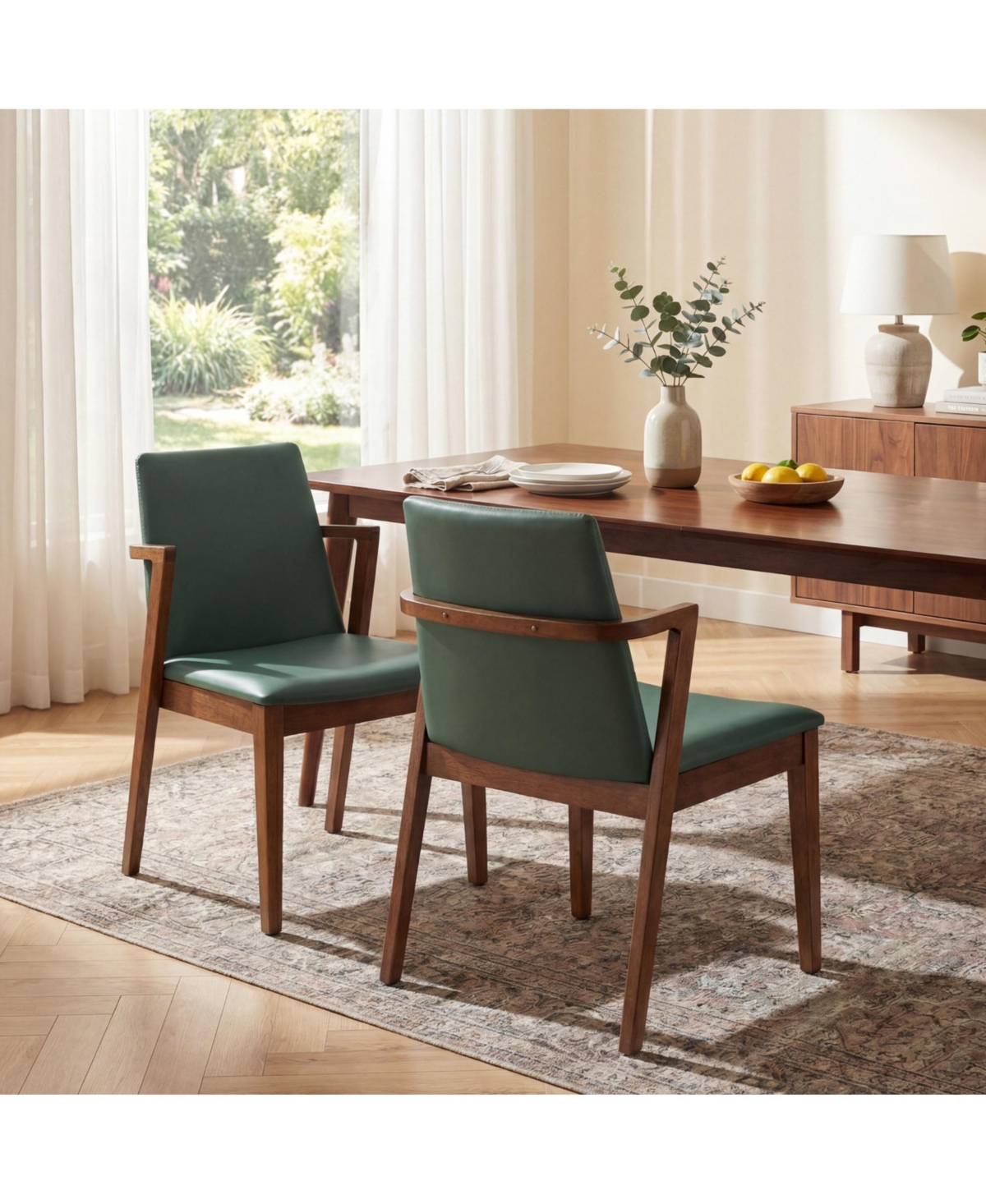 Flynama Set of 2 Mid-Century Pu Arm Dining Chairs, Rubber Wood Frame 250lbs Capacity