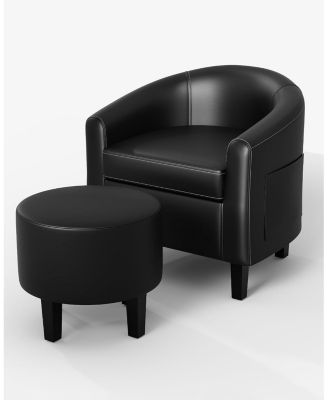 Faux Leather Barrel Accent Chair with Ottoman, Sofa Armchair with Footstool for Reading Room Bedroom
