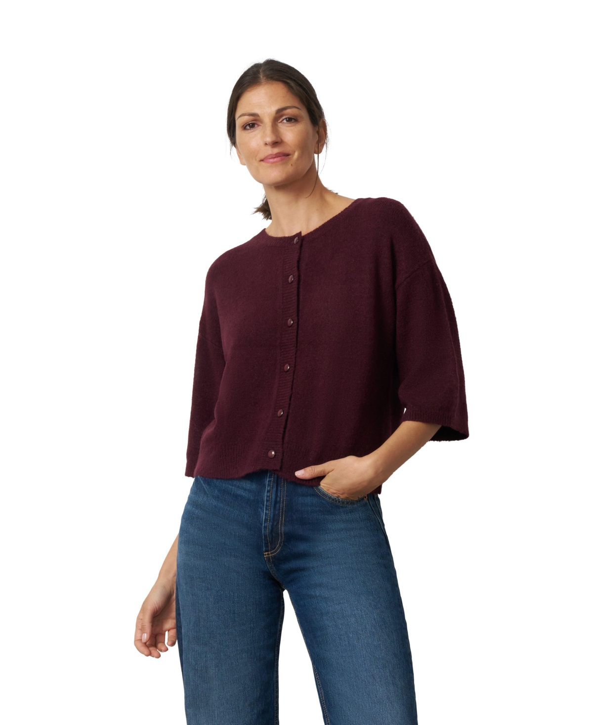 Cable & Gauge Women's Lightweight Button-Front Crewneck Cardigan