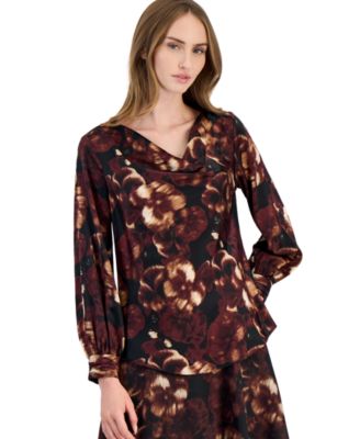 Women's Floral-Print Long-Sleeve Drape Neck Blouse