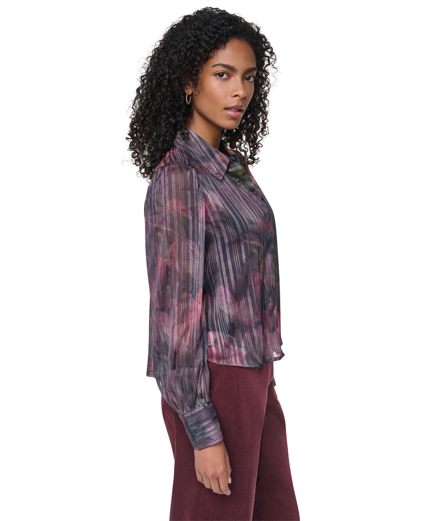 Женская блузка DKNY Petite Puff-Sleeve Button-Front Blouse, цвет: Чёрный малиновый разноцветный — фото 6