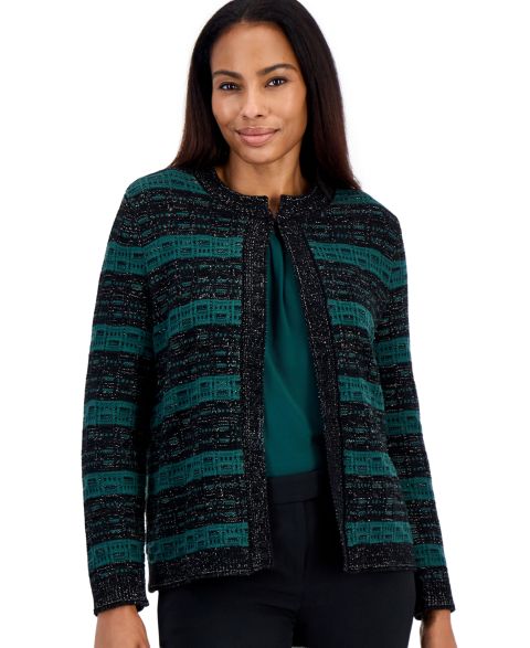 Женский кардиган Kasper Petite Colorblock Stripe Cardigan, цвет: Вечнозелёный / Чёрный