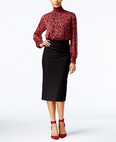 NY Collection Printed Turtleneck Blouse & ECI Pencil Skirt