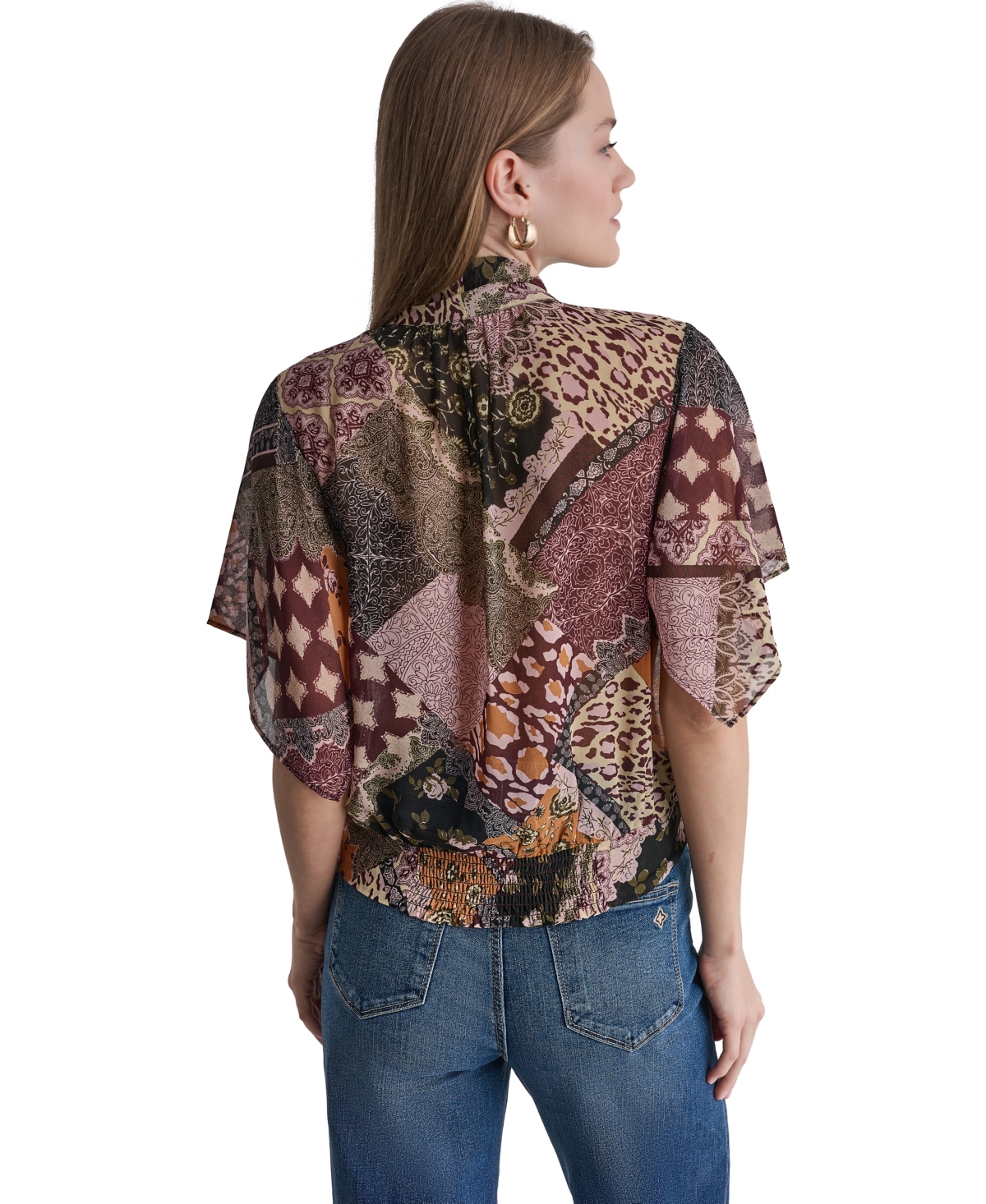 Bcbg Women's Bow Neck Mixed Print Short-Sleeve Blouse