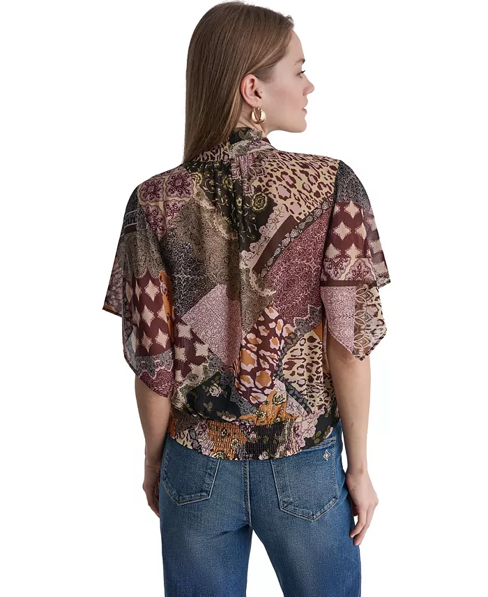Women's Bow Neck Mixed Print Short-Sleeve Blouse - thumbnail 5