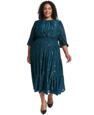 Plus Size Smocked Waist 3/4 Sleeve Tiered Midi Dress