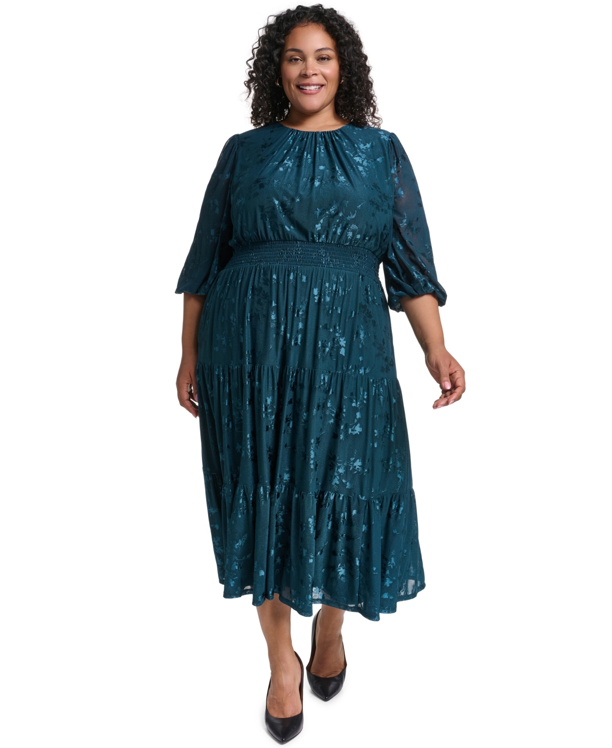 Jessica Howard Plus Smocked Waist 3/4 Sleeve Tiered Midi Dress
