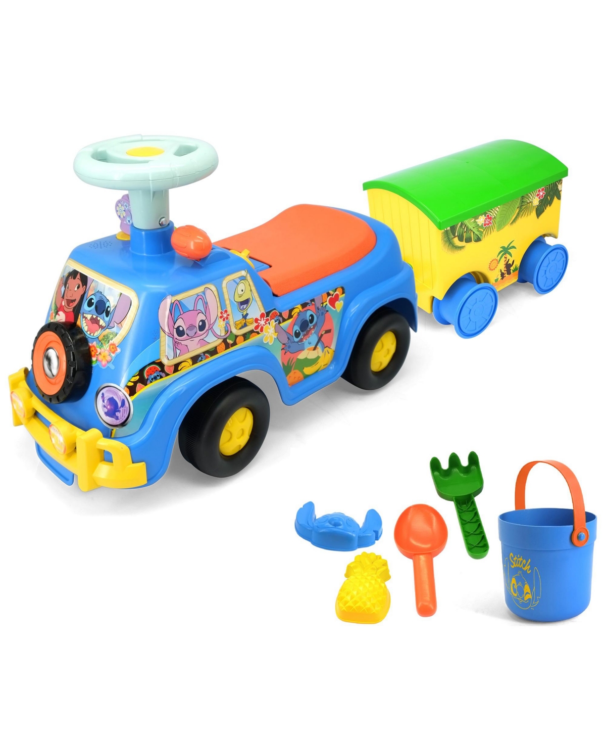 Kiddieland Light 'N' Sounds Ride-On Camper and Trailer with Flashing Lights and Sounds, Stitch, Ages 12-24 Months