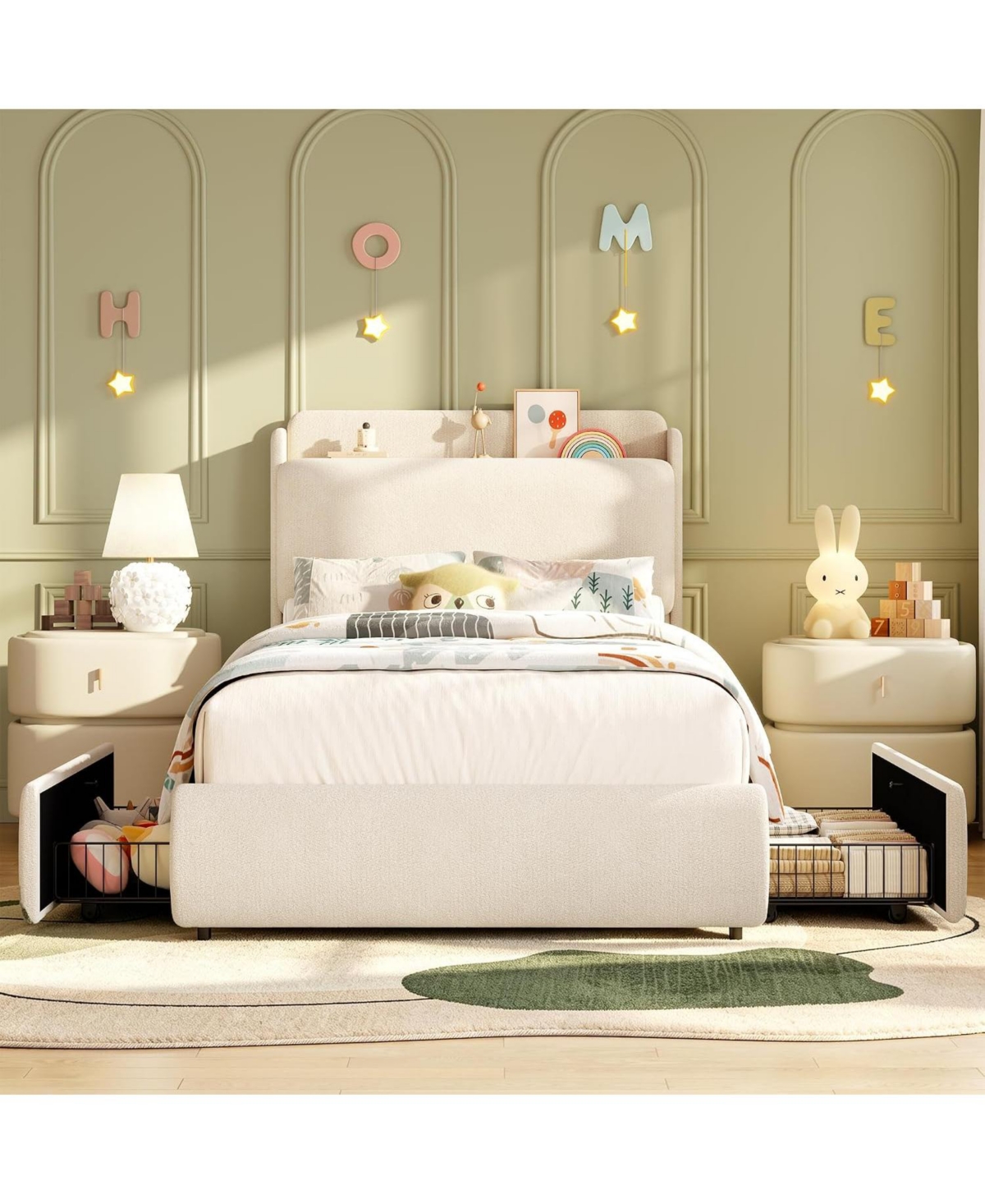 Upholstered Bed Frame with Shelf and Drawers, Chenille Platform Built Headboard for Phone Books, Easy Assembly