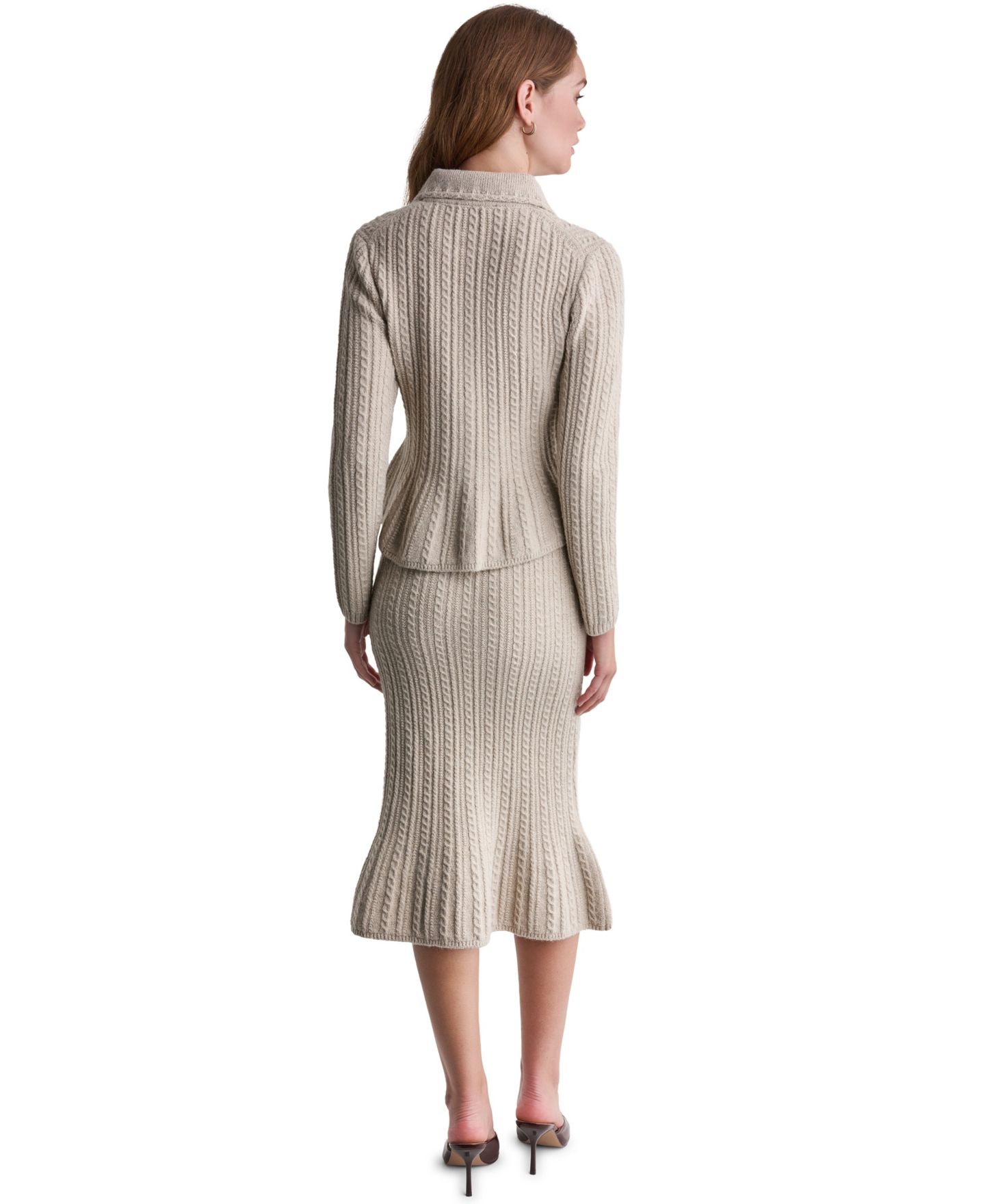 Женский кардиган BCBG Peplum Cable-Knit Cardigan, цвет: Меланжевый овсяный — фото 7