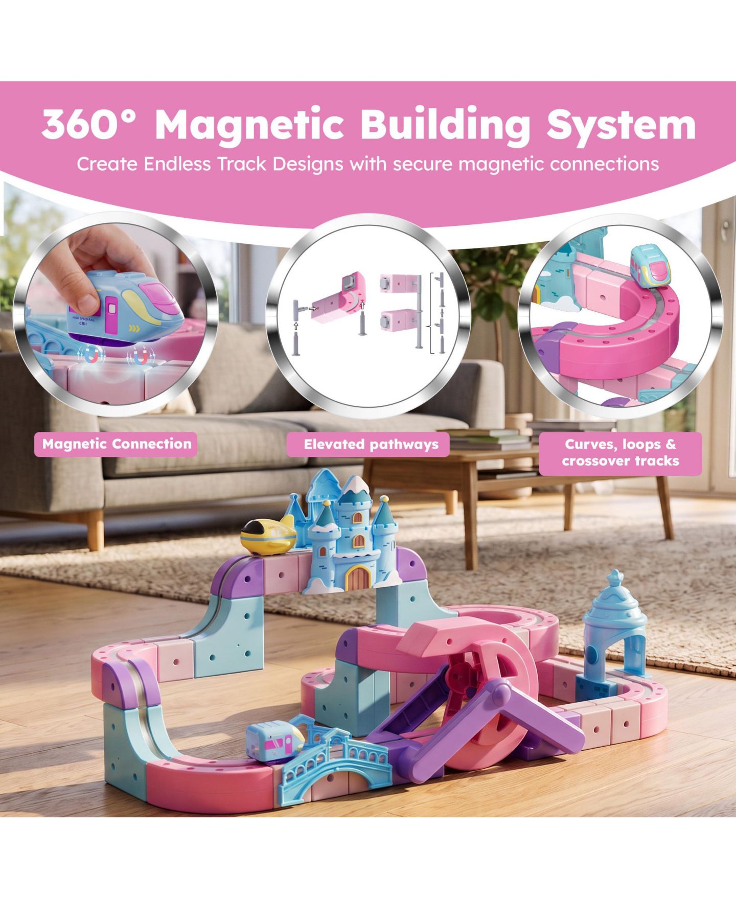 Детский конструктор Contixo MT6 Princess Castle Magnetic Train Track 96-Piece Building Set with Rechargeable Motorized Train, Ages 3+ — фото 10