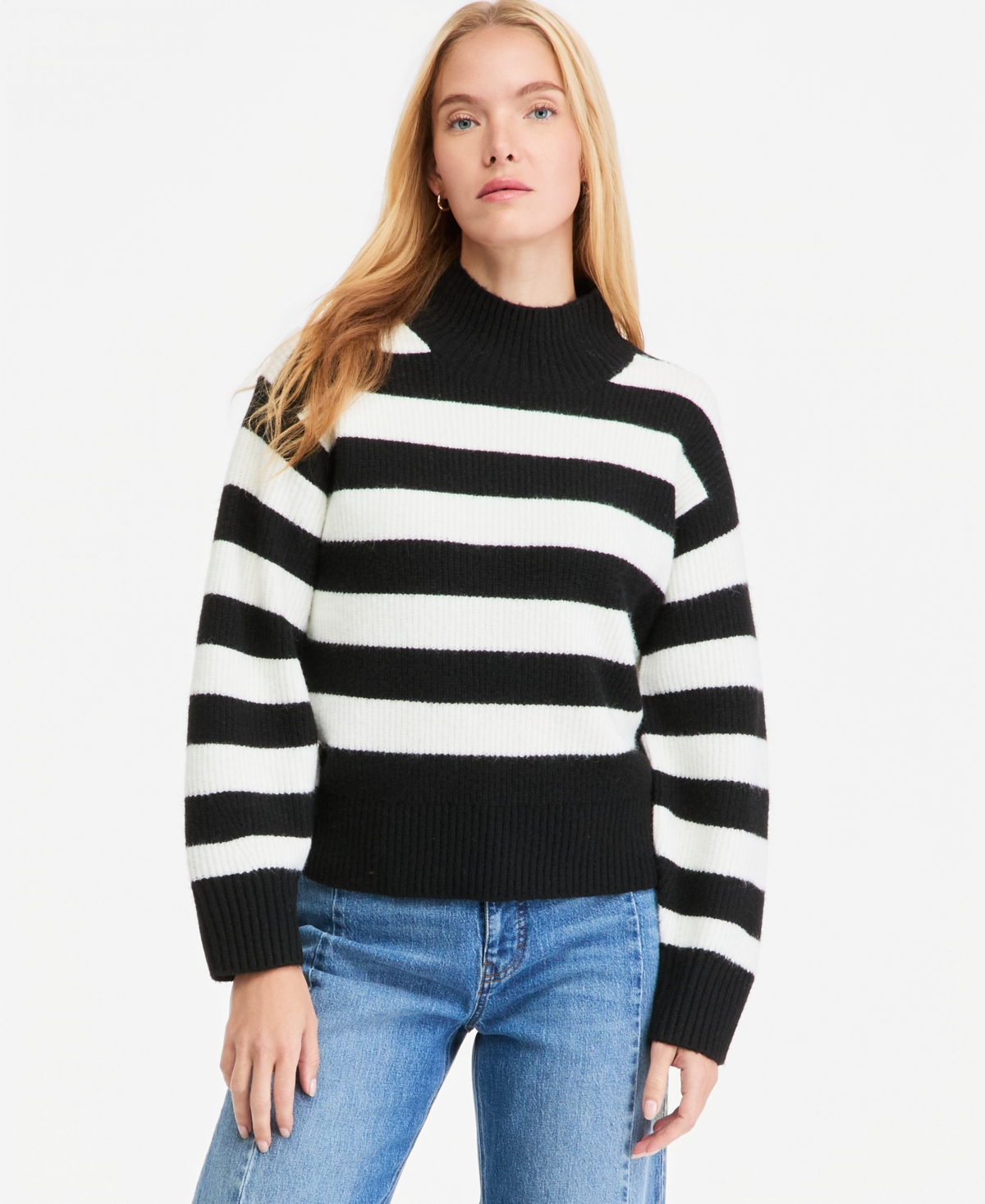 On 34th Women's Mock-Neck Relaxed Barrel Sleeve Sweater, Macy's Exclusive - Deep Black Combo