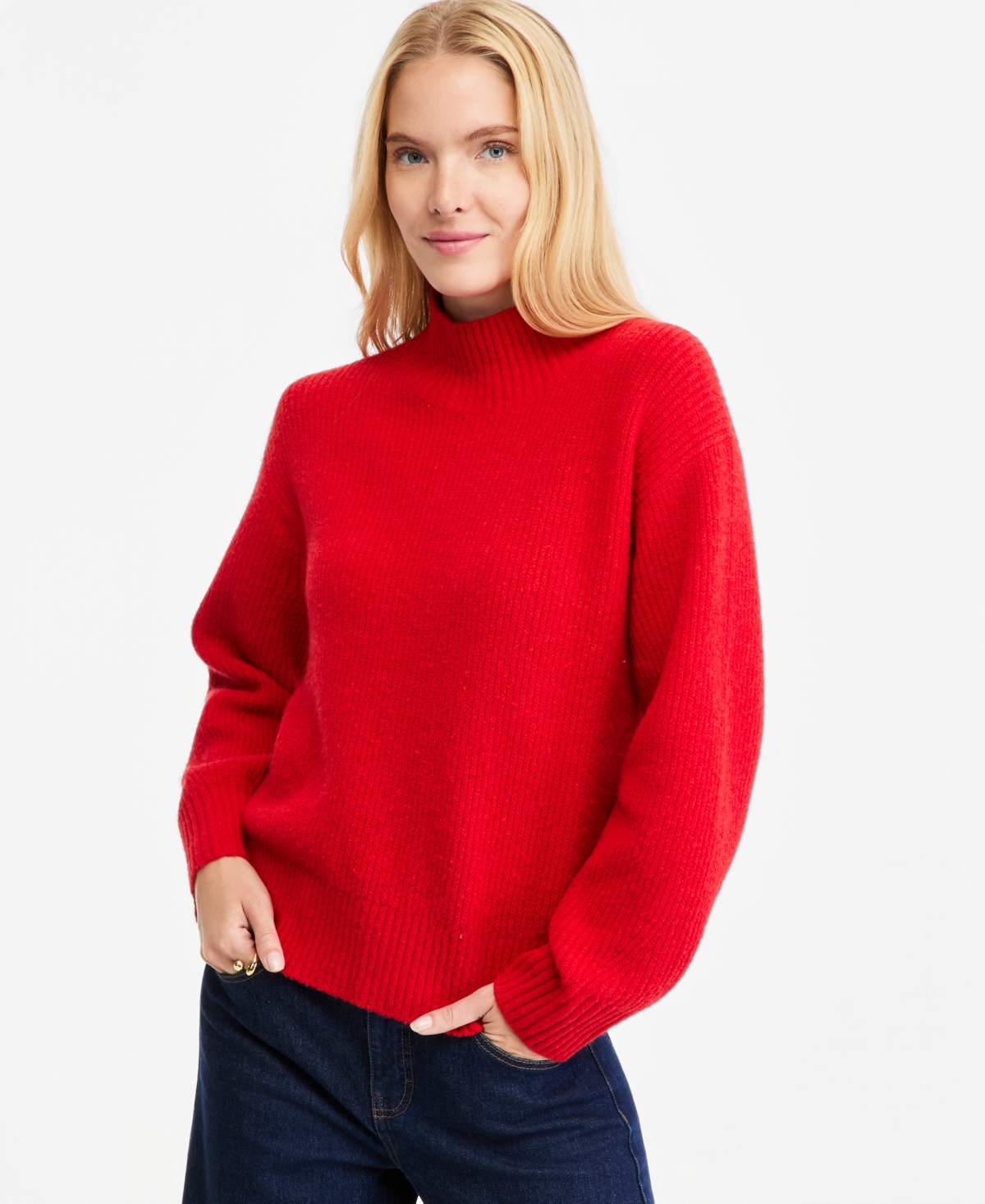 On 34th Women's Mock-Neck Relaxed Barrel Sleeve Sweater, Macy's Exclusive - Fiesta Red