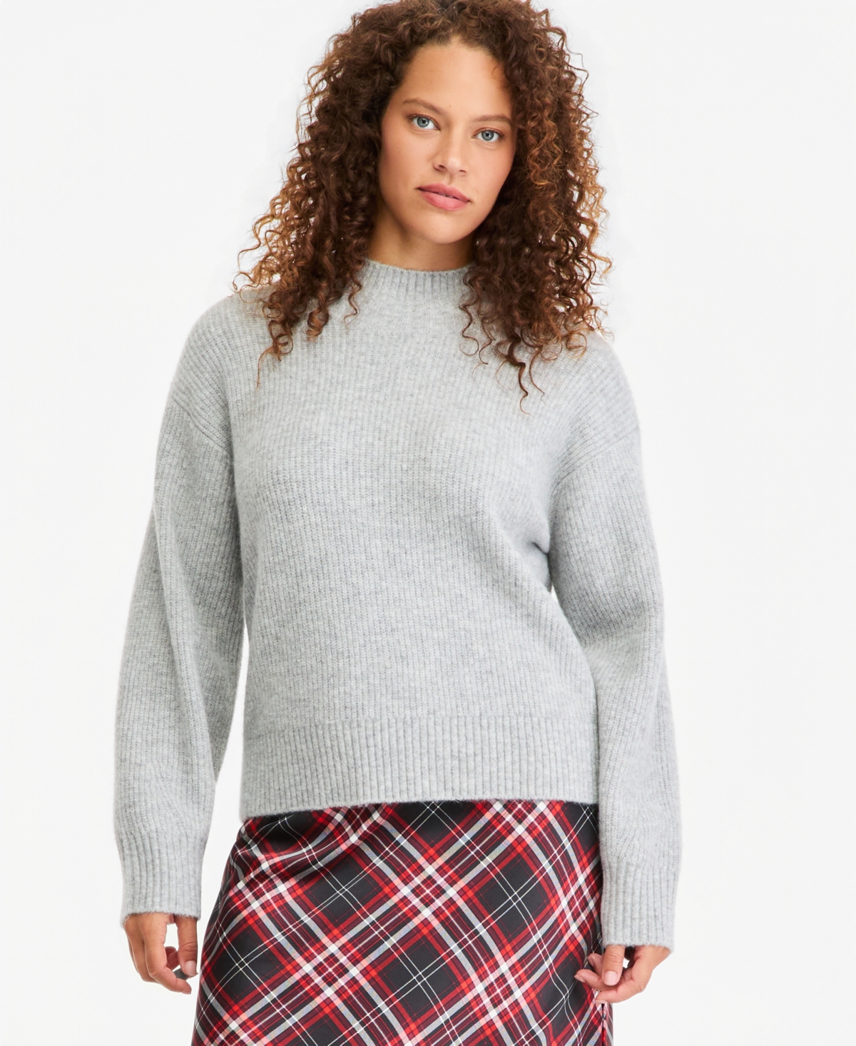 On 34th Women's Mock-Neck Relaxed Barrel Sleeve Sweater, Macy's Exclusive - Light Grey Heather