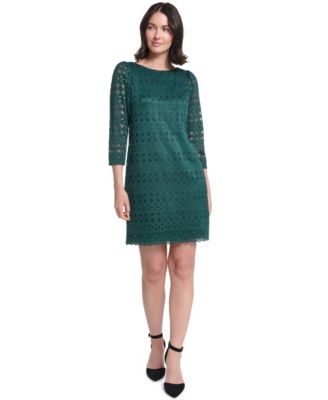 Petite Lace Shift Boat Neck 3/4-Sleeve Dress