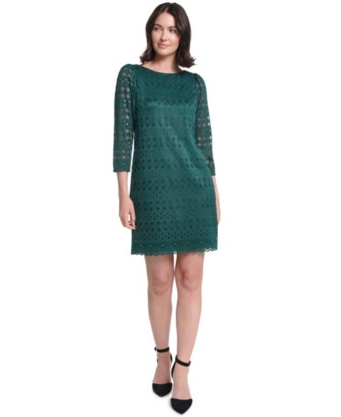 Женское платье Jessica Howard Petite Lace Shift Boat Neck 3/4-Sleeve, цвет: Тёмно-зелёный