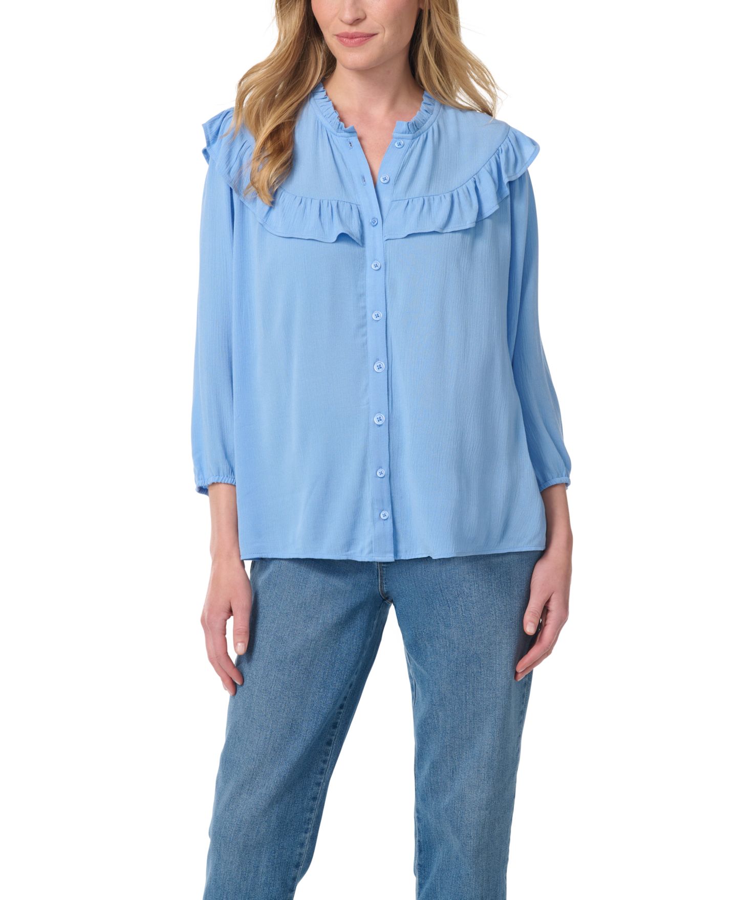 Женская блузка Gloria Vanderbilt Nia Peasant 3/4-Sleeve Cascading-Ruffles, цвет: Синий, вариант 1 — фото 2