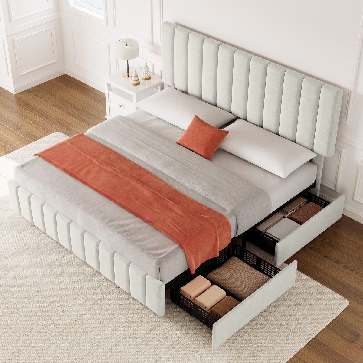 Gaomon Modern Upholstered Platform Bed Frame Featuring 4 Storage Drawers, Adjustable Height Headboard, Heavy Duty Construction