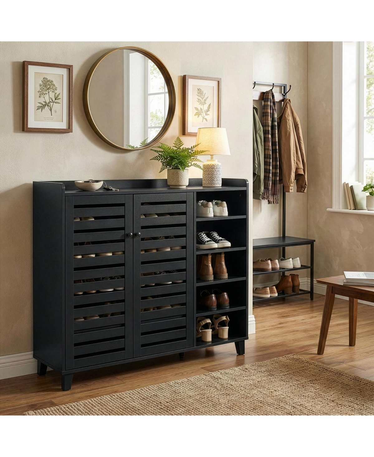 Slickblue Freestanding Shoe Cabinet with 2 Doors and 5 Open Storage Cubbies