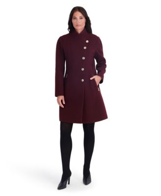Women's Faux Wool Pea Coat With Asymmetrical Button Formation