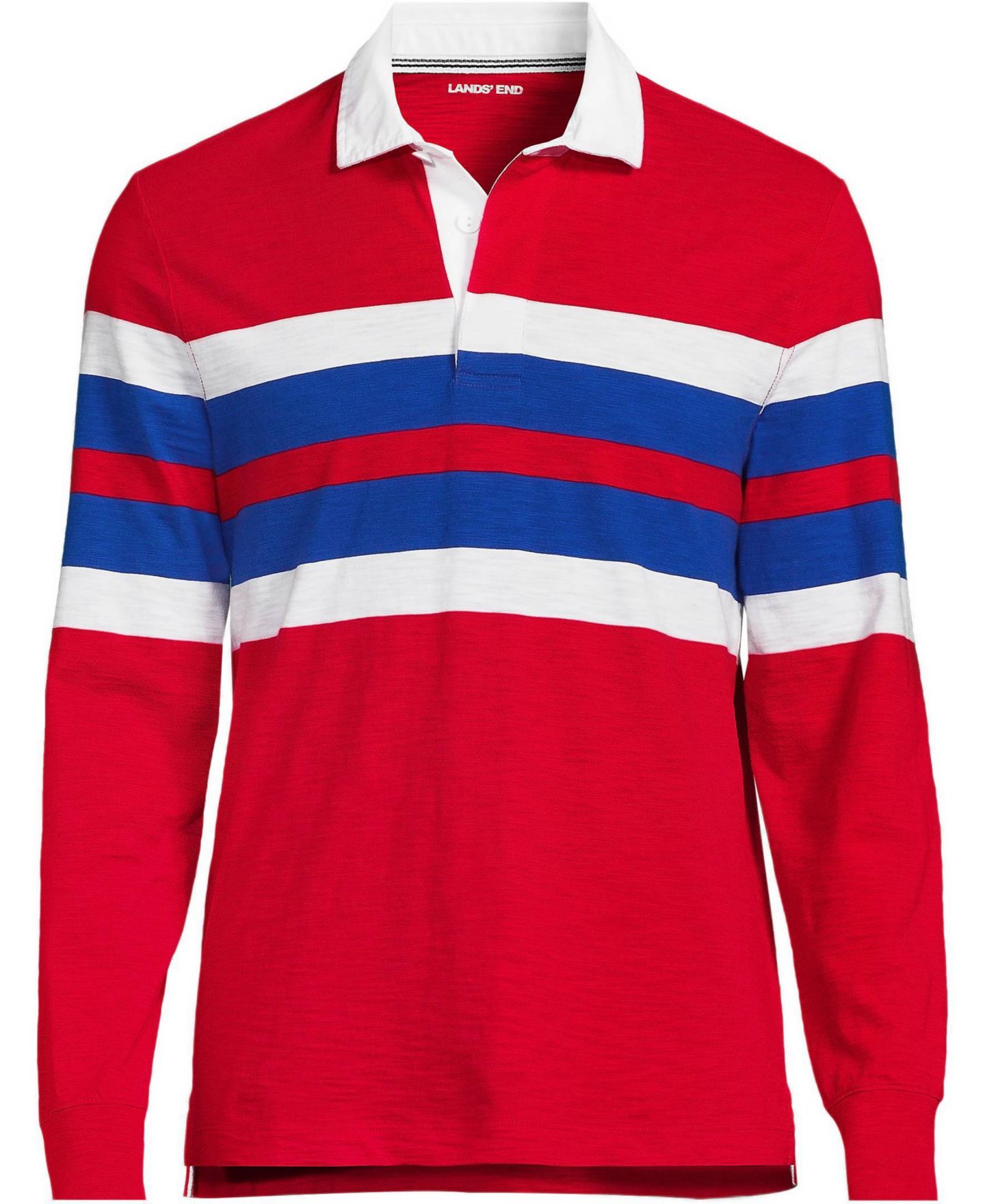 Мужское поло Lands' End Long Sleeve Lightweight Slub Rugby Polo, цвет: Красный / Полосатый — фото 1