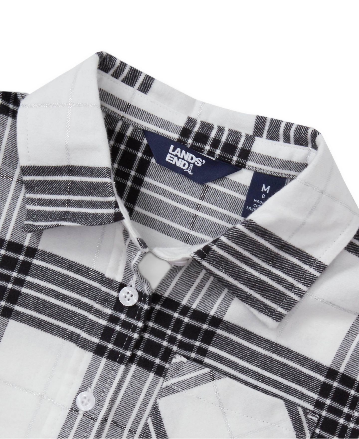 Рубашка Lands' End Long Sleeve Cropped Flannel для девочек, цвет: Чёрный / Слоновая кость клетчатый — фото 3