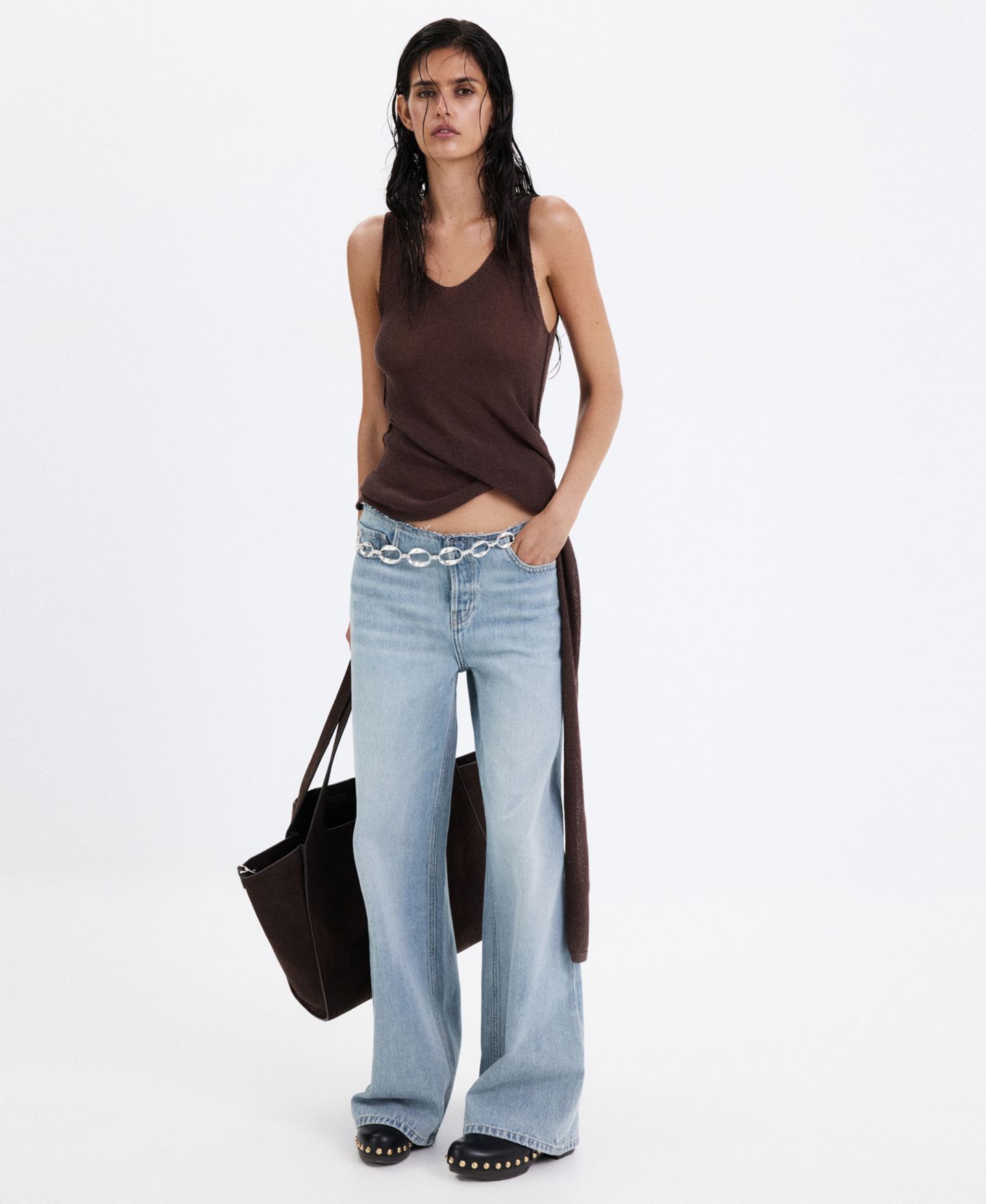 Женские джинсы Mango High-Waisted Wide-Leg Frayed-Waistband, цвет: Средний синий — фото 2