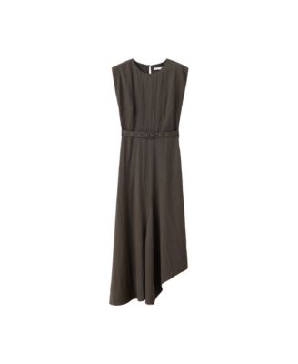 Women's Belted Asymmetric Crewneck Midi Dress