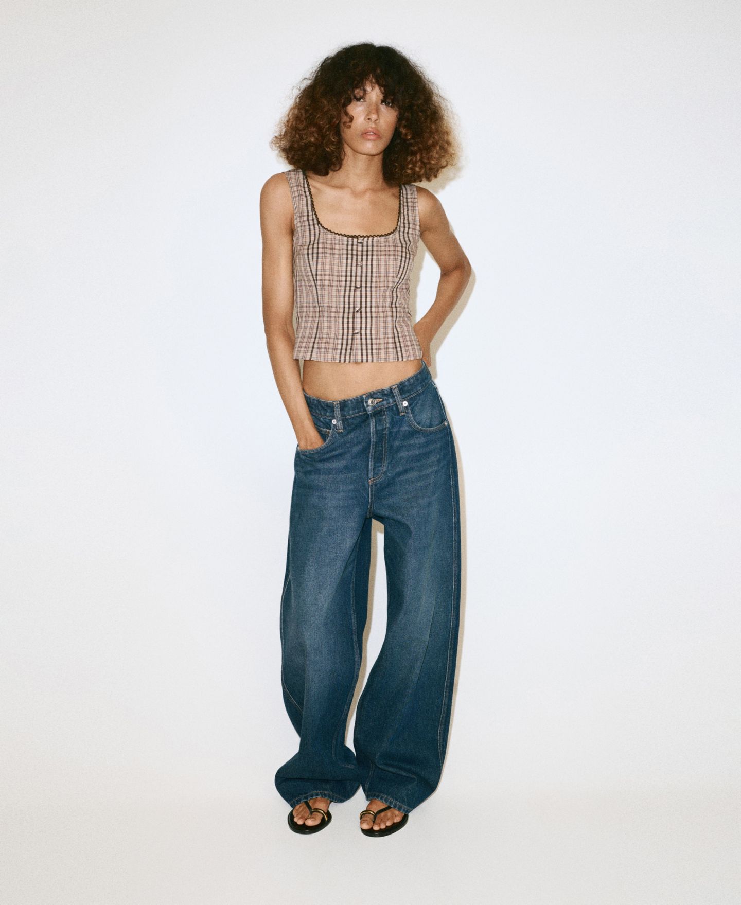 Женский топ Mango Plaid Square Neck Cropped Cotton-Blend, цвет: Коричневый — фото 3