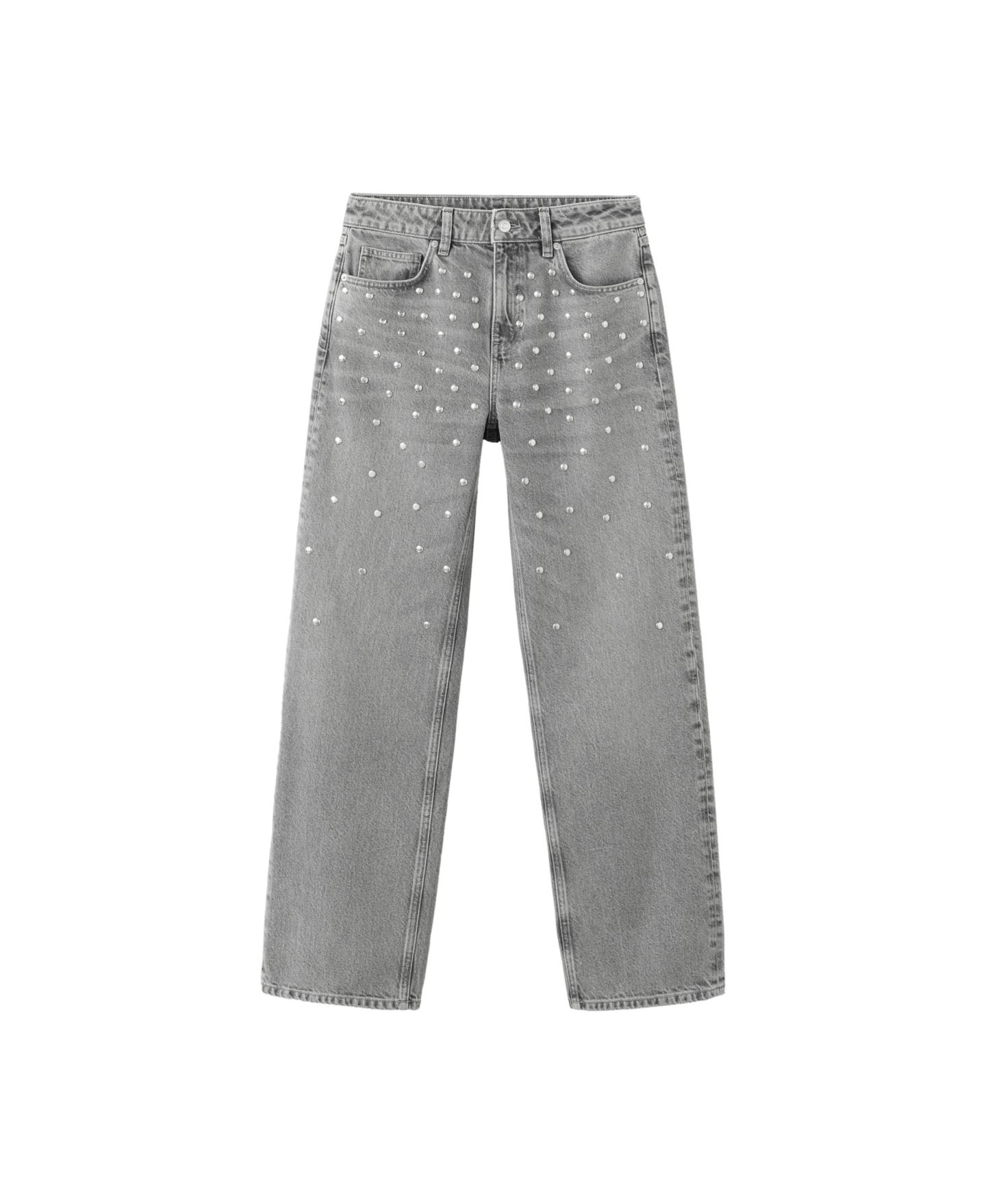 Женские джинсы MANGO Mid-Rise Wide-Leg Studded, цвет: Джинсовый серый — фото 1