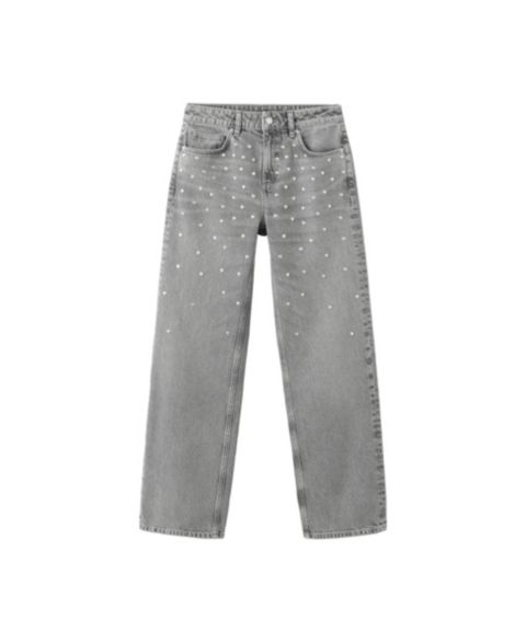 Женские джинсы MANGO Mid-Rise Wide-Leg Studded, цвет: Джинсовый серый