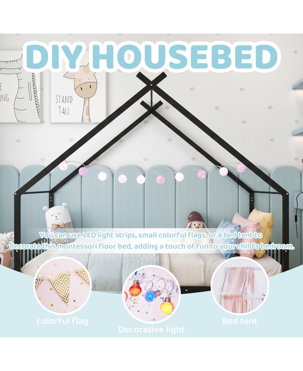 Slickblue Twin Metal House Bed Frame for Kids with Side Rails and Platform Design