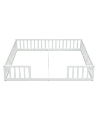 Twin Floor Bed Frame with Fence and Guardrails, Doorless Design