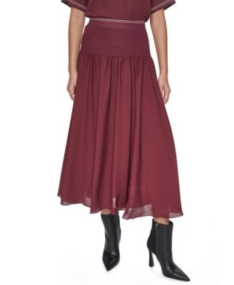 Women's Contrast Stitch Mixed-Media High-Waisted Midi Skirt