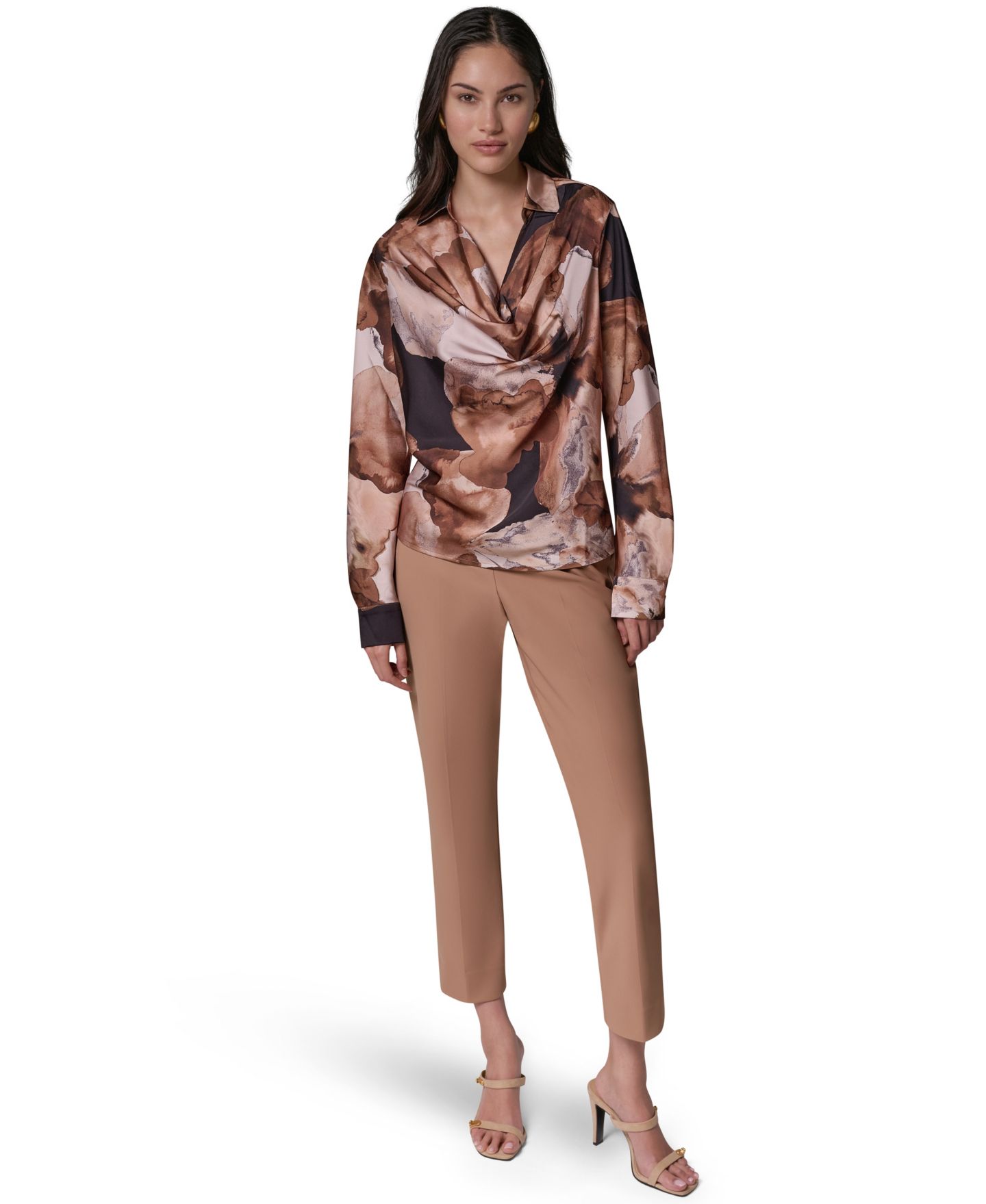 Женская блузка Donna Karan New York Long-Sleeve Satin Cowl-Neck Blouse, цвет: Верблюжий разноцветный — фото 2