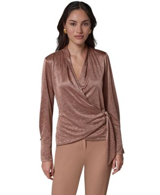 Women's Long-Sleeve Crinkled V-Neck Blouse