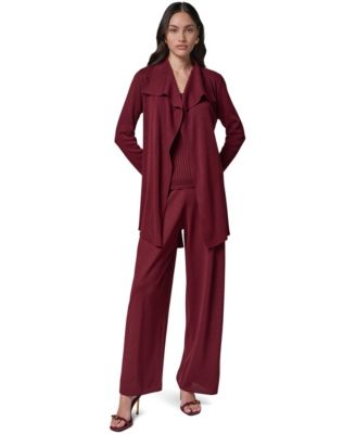  Women's Wrap Long-Sleeve Tie-Front Cardigan, Ribbed-Knit Scoop Neck Tank Top and Sequin Wide-Leg Pull-On Pants