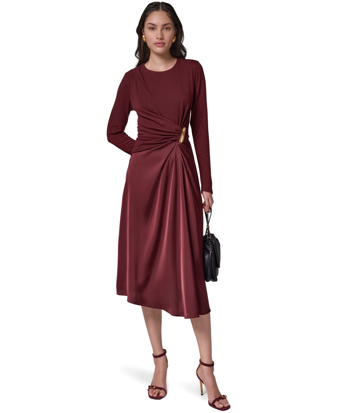 Женское платье Donna Karan New York Long Sleeve Waist Long-Sleeve Fit-and-Flare Midi, цвет: Чёрный вишнёвый — фото 3