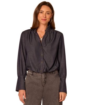 Women's Long French Cuff Ruffle Neck Denim Blouse