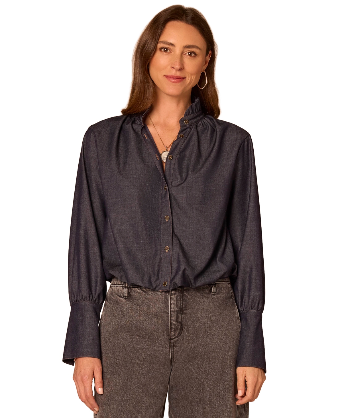 Democracy Womens Long French Cuff Ruffle Neck Denim Blouse  In