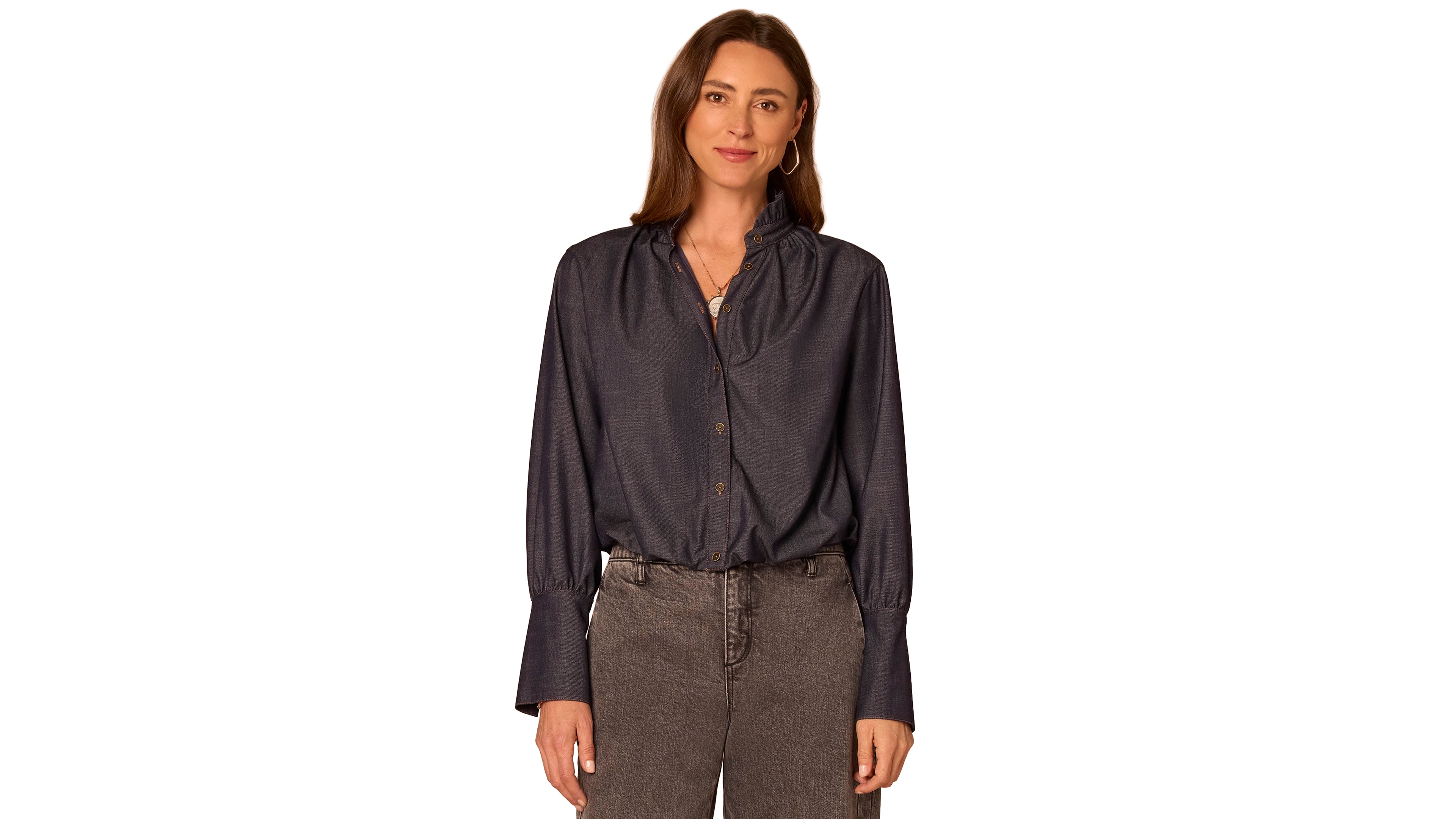 Democracy Women's Long French Cuff Ruffle Neck Denim Blouse