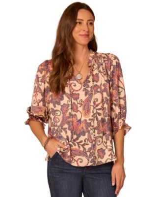 Women's 3/4 Sleeve Paisley-Print Split-Neck Blouse
