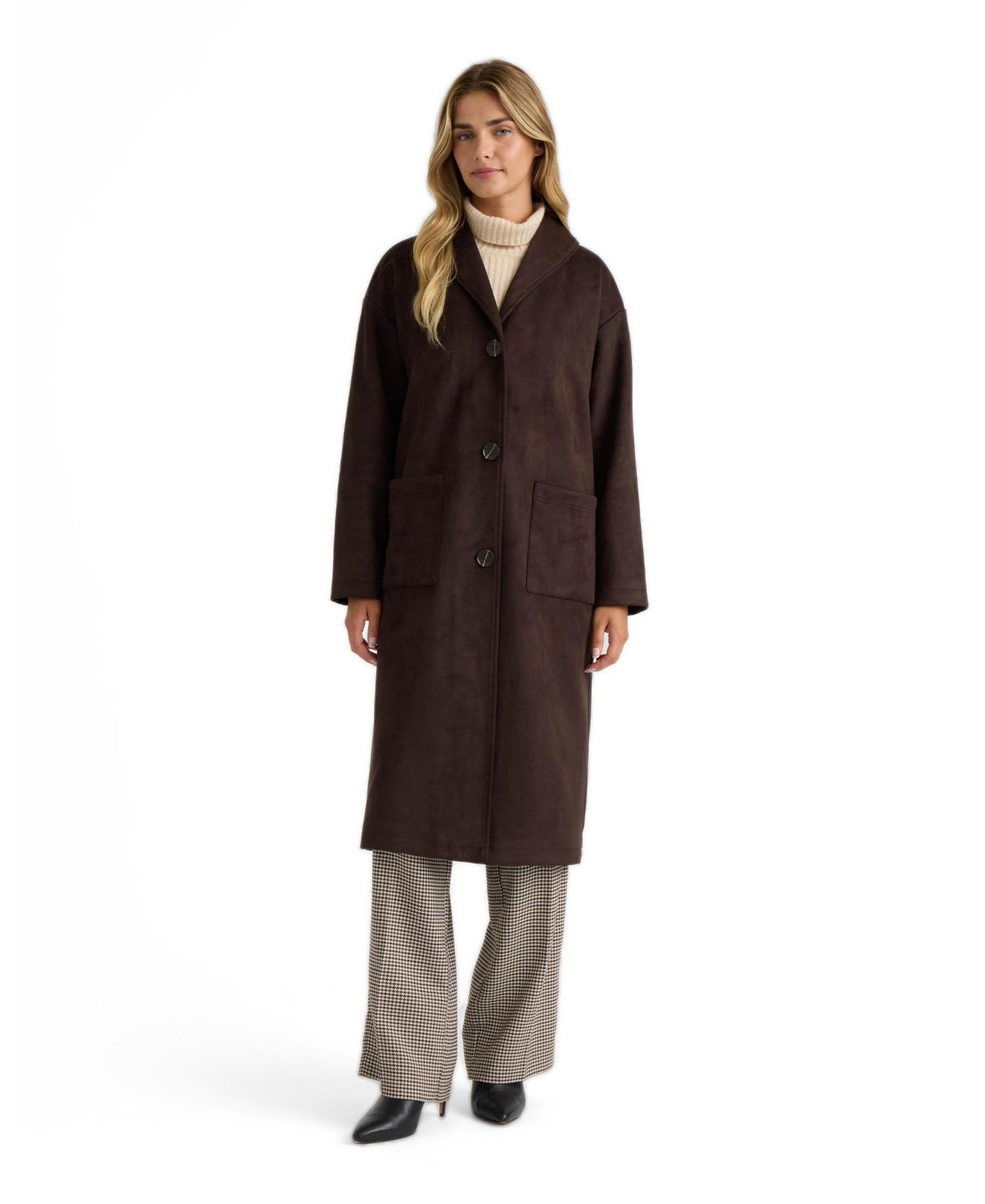 Женское пальто NVLT Faux Suede Longline Sb Coat With Shawl Collar, цвет: Тёмно-коричневый — фото 1