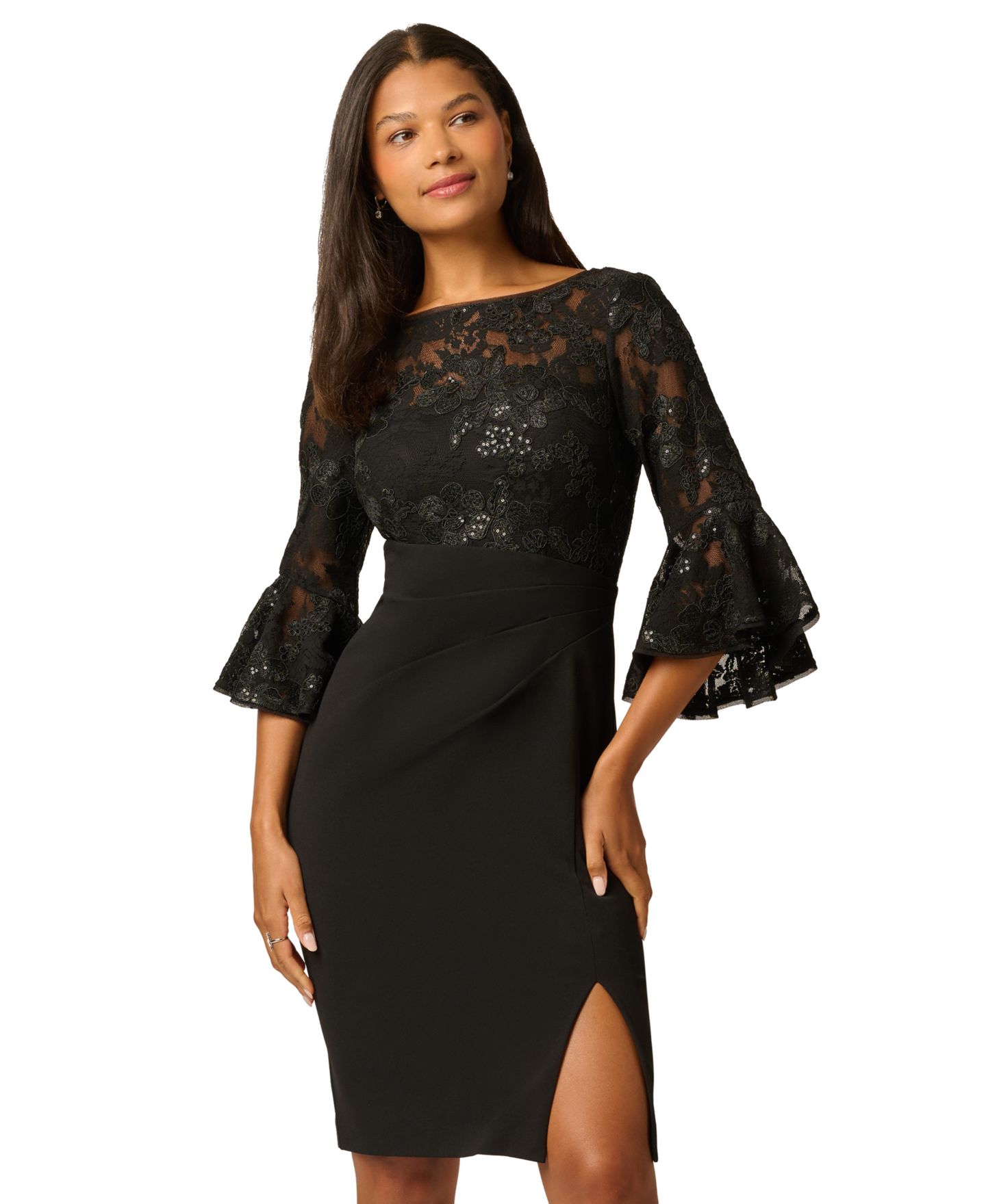 Женское платье Adrianna Papell Lace-Bodice Bell-Sleeve, цвет: Чёрный — фото 3