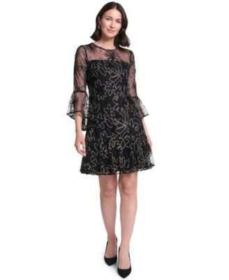 Petite Floral-Print Bell-Sleeve A-Line Dress